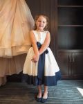 Customer picture for Ivory Satin Flower Girl Dress with navy blue belt/bow 