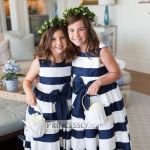Customer picture for Ivory Navy Blue Stripes Satin Flower Girl Dress with bow 