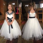 Customer picture for Navy Blue Lace Ivory Satin Organza Flower Girl Dress with navy sash