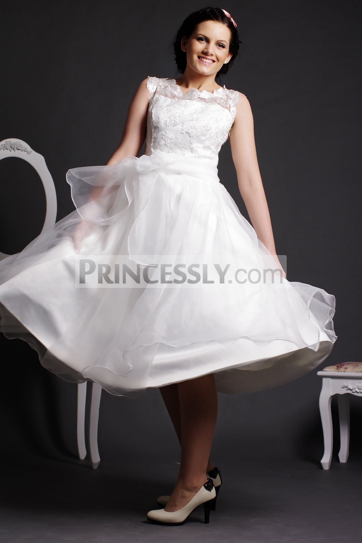 Lace Scoop Neck Layered Tea Length Ball Gown Skirt Organza Wedding Dress w/ Sash