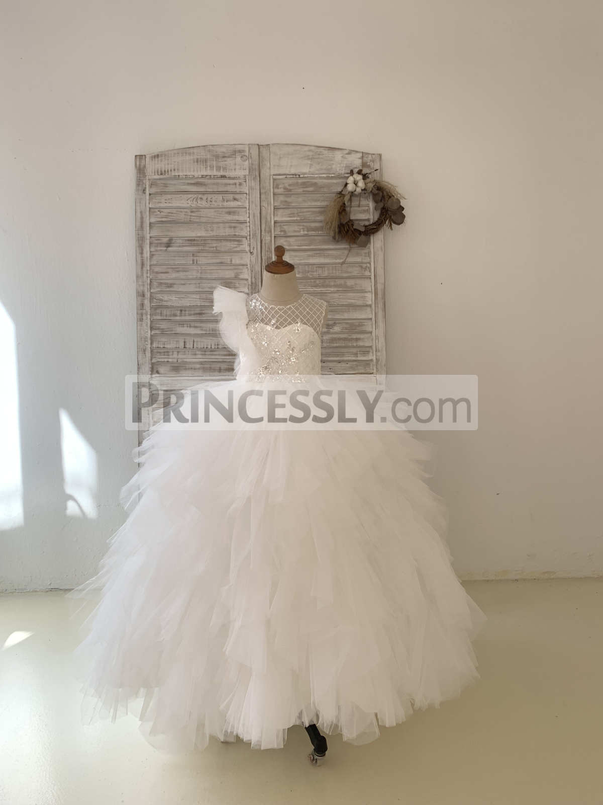 Princessly.com-K1004196-Ivory Check Tulle Ruffle Sleeves Wedding Party Flower Girl Dress Kids Birthday Dress-31