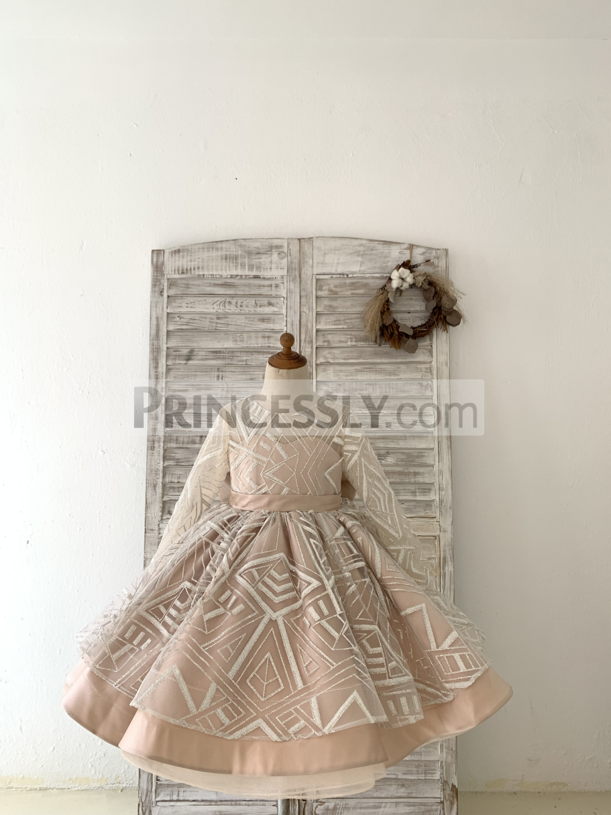 Princessly.com-K1004199-Long Sleeves V Back Glittering Lace Champagne Satin Wedding Flower Girl Dress Kids Party Dress-31