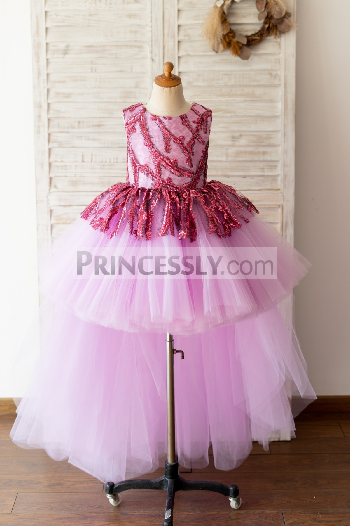 Princessly.com-K1004126-Fuchsia Sequin Tulle V Back Hi Low Wedding Flower Girl Dress Kids Party Dress-31
