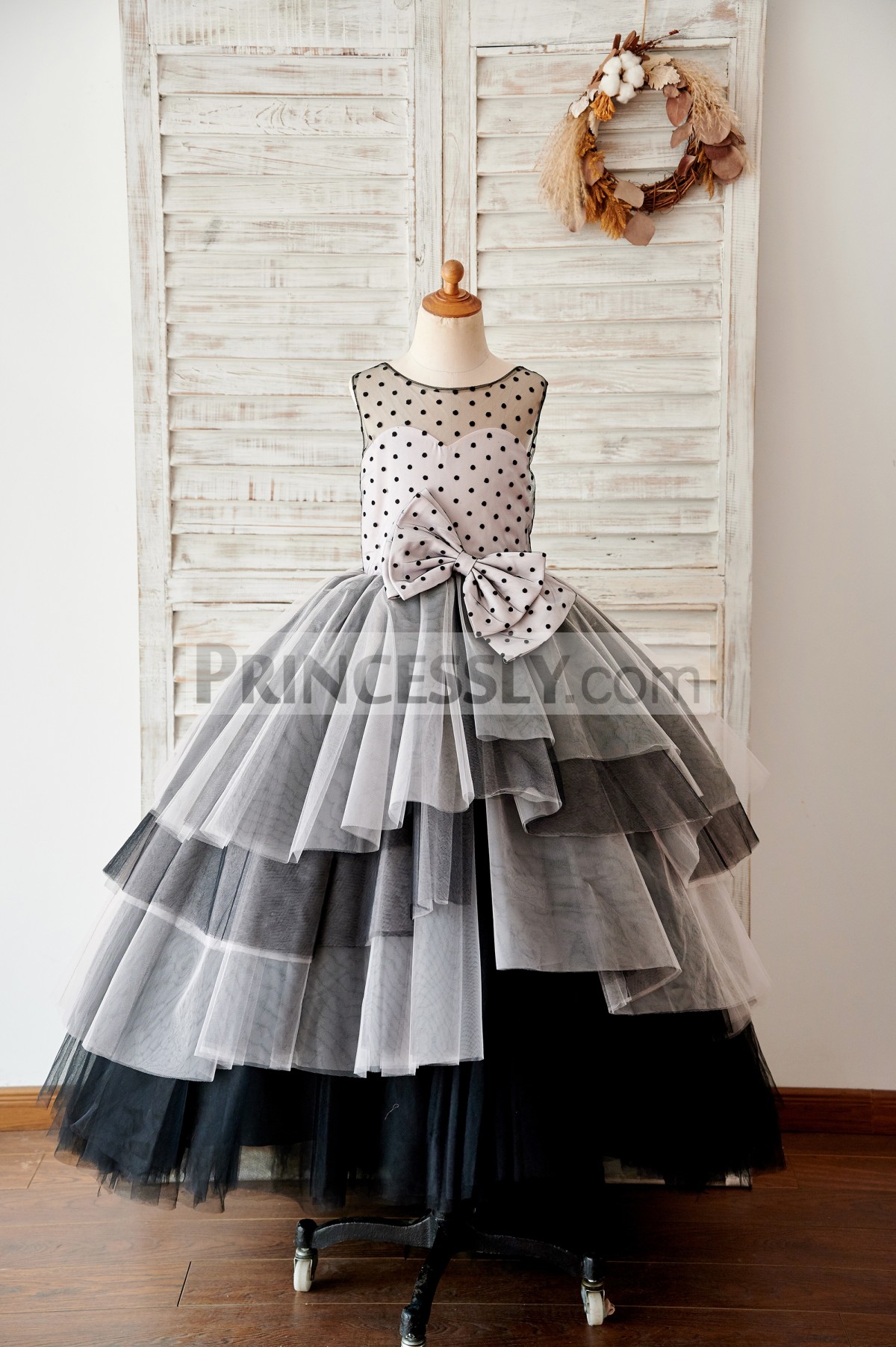 Princessly.com-K1003971-Black Polka Dots Tulle Corset Back Ball Gown Cupcake Wedding Flower Girl Dress-31