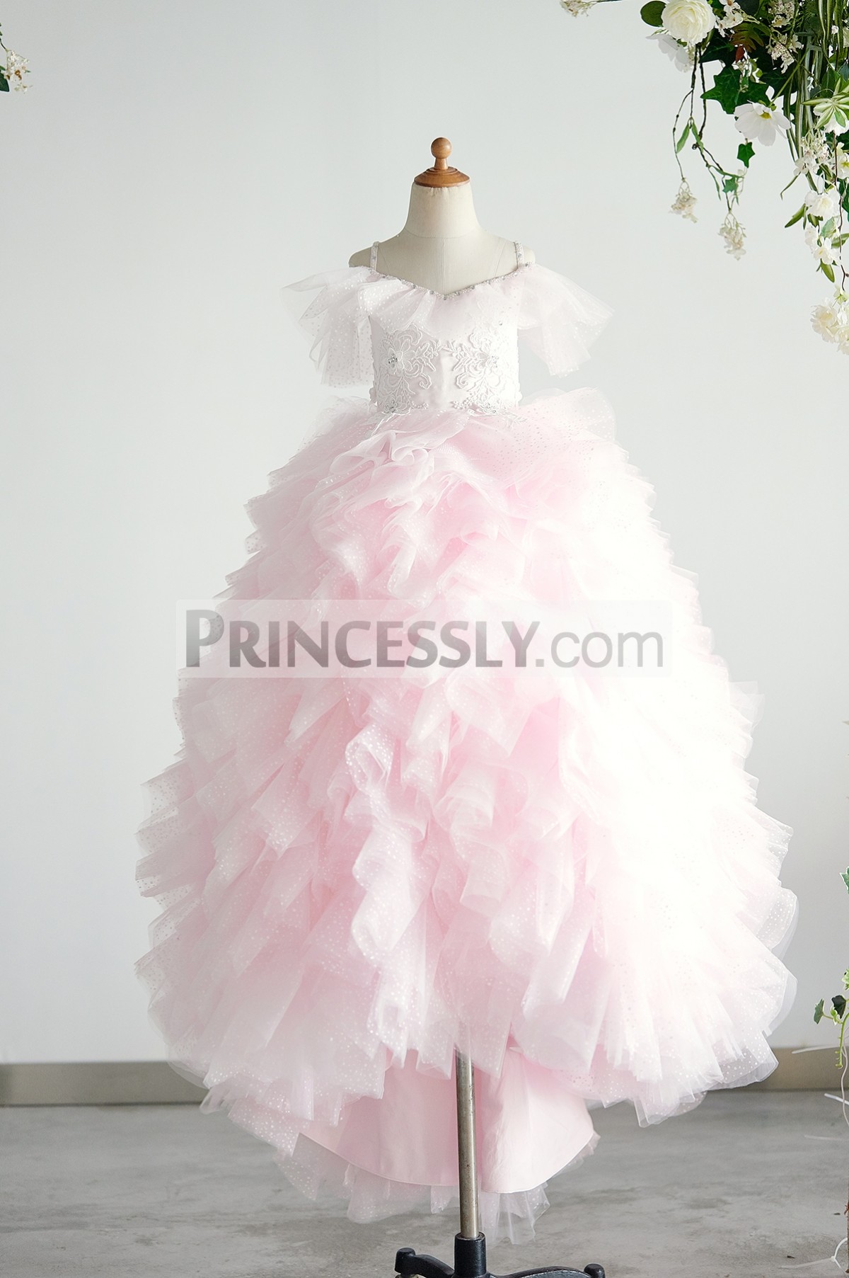 Princessly.com-K1004012-Off Shoulder Pink Polka Dot Lace Tulle Ball Gown Wedding Flower Girl Dress-31