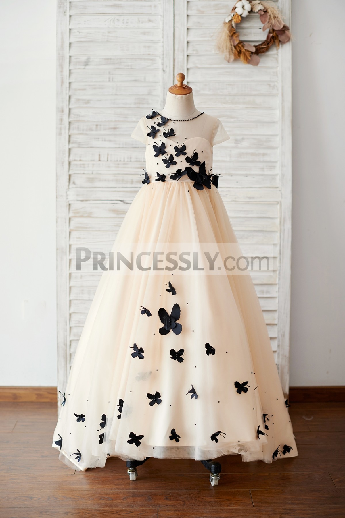 Princessly.com-K1003884-Champagne Tulle Cap Sleeves Wedding Flower Girl Dress with Black Butterflies-31