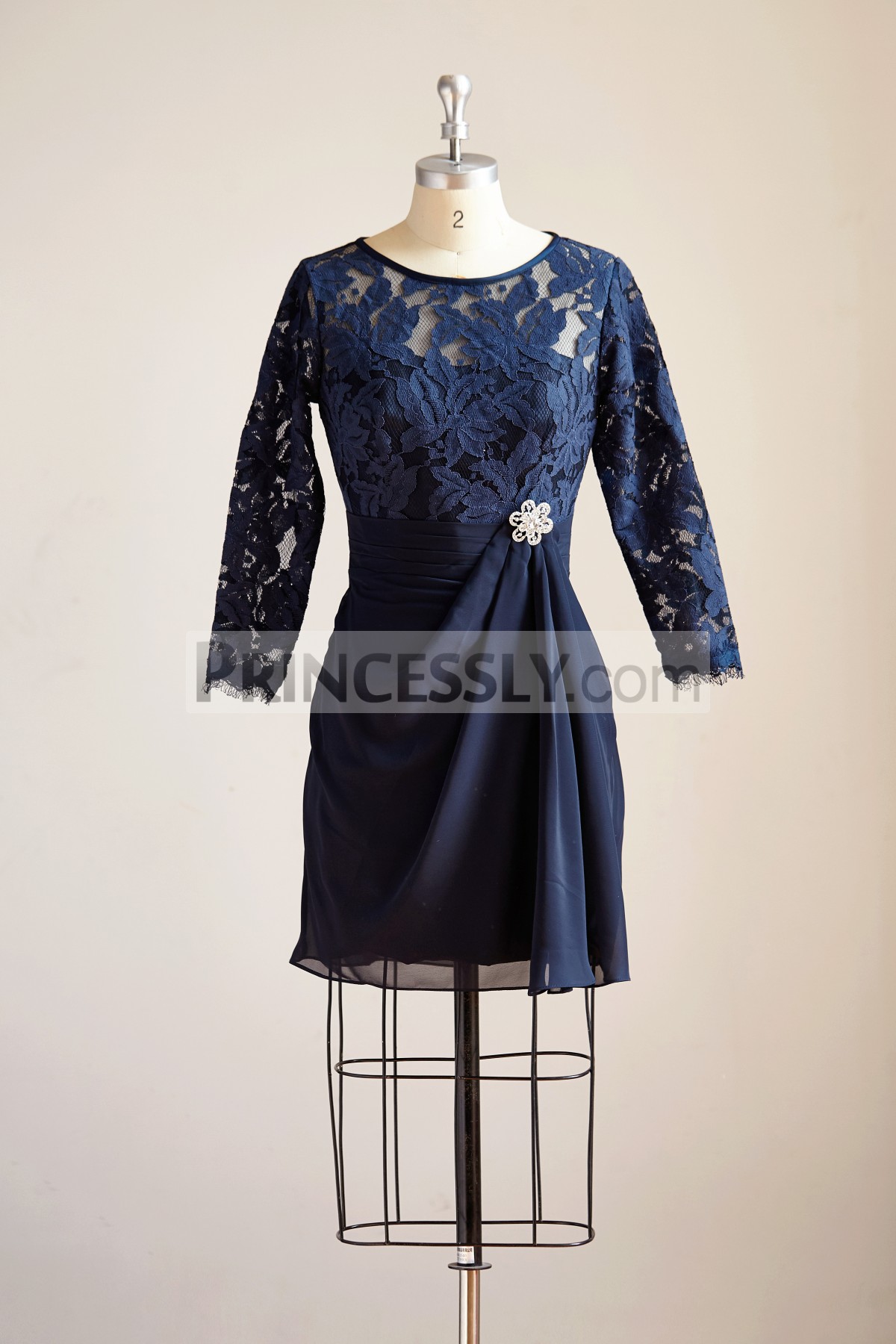 Princessly.com-K1000290-Long Sleeves Navy Blue Chiffon Lace Short Knee Length Mother Dress/Wedding Party Mother of Bride Dress-31