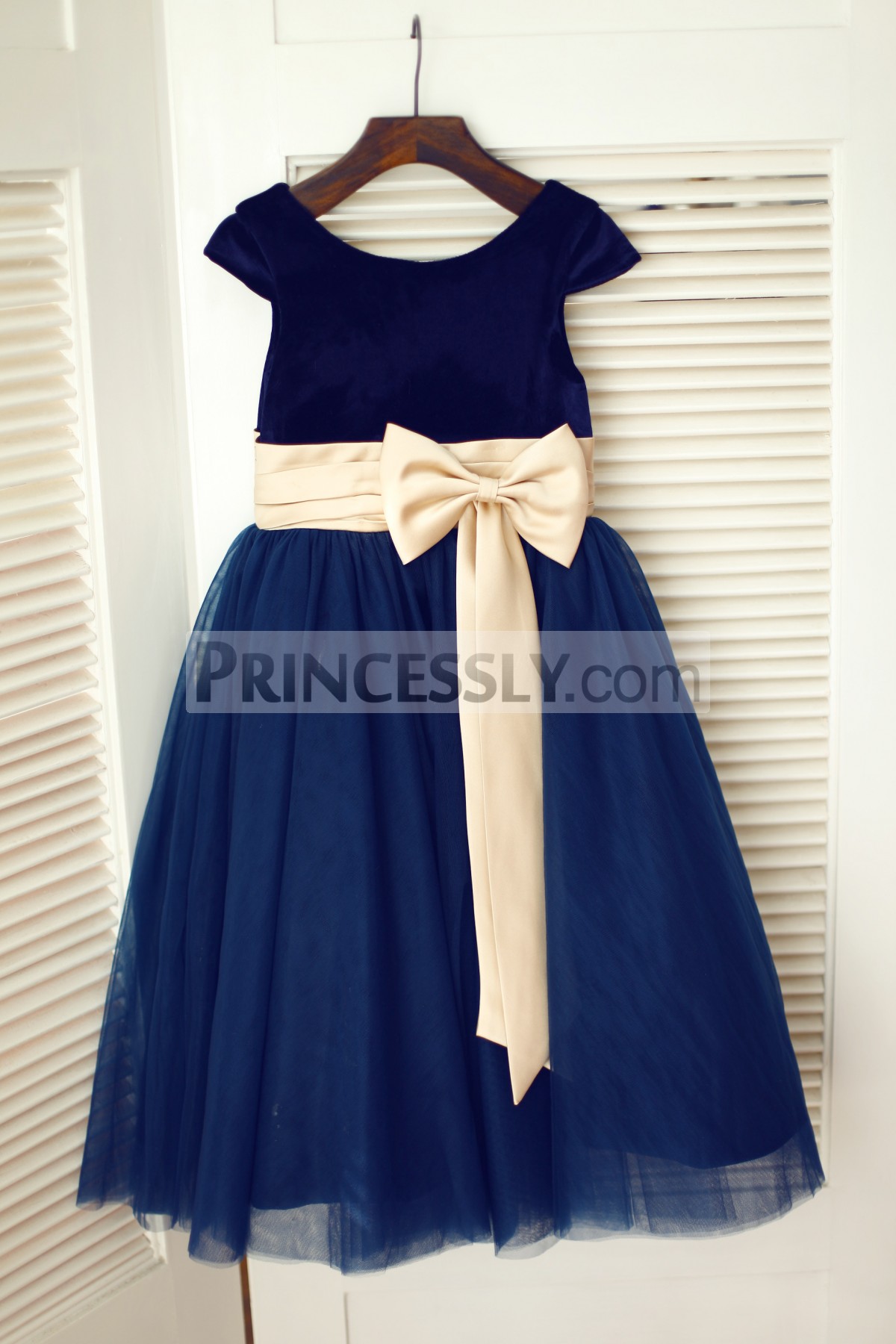 Princessly.com-K1003337 Navy Blue Velvet Tulle Cap Sleeve Wedding Flower Girl Dress with Champagne Sash\Bow-31