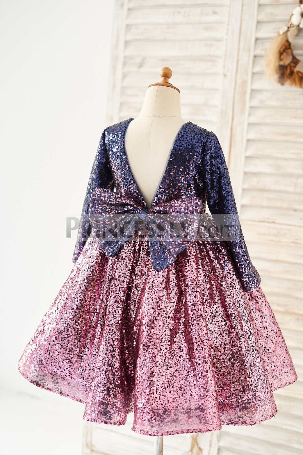 Princessly.com-K1004178-Ombre Navy Pink Sequin V Back Wedding Flower Girl Dress with Bow Kids Party Dress-31