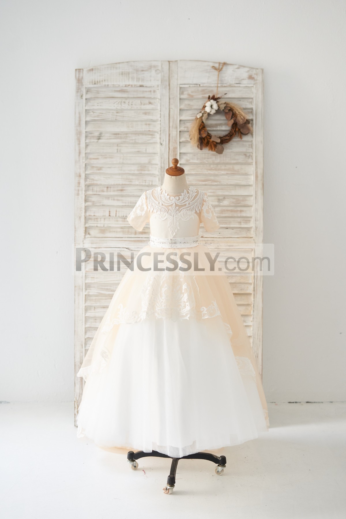 Princessly.com-K1004176-Short Sleeves Champagne Lace Tulle Wedding Flower Girl Dress Kids Party Dress-31