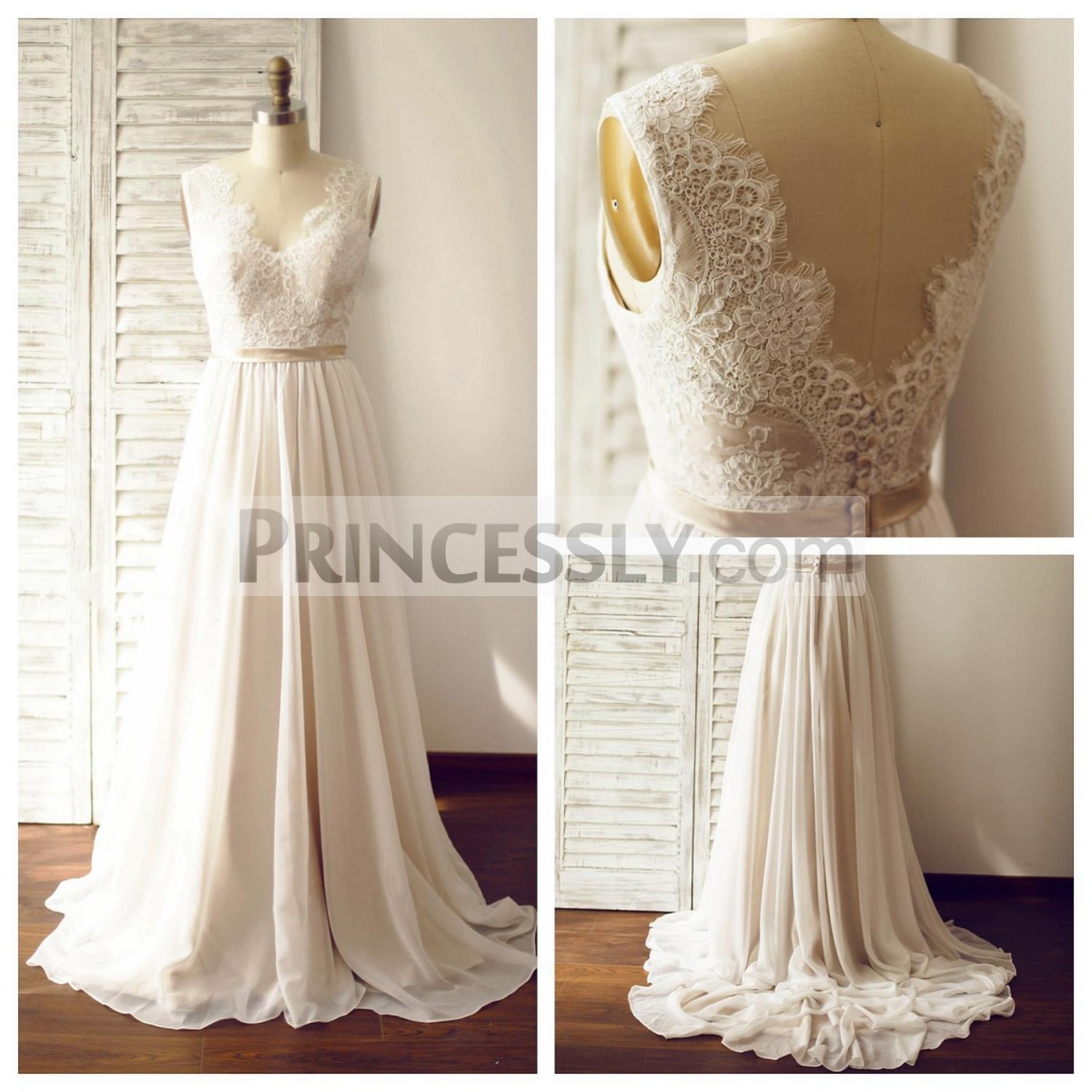 Princessly.com-K1003264-A Line Ivory Lace Chiffon V Neck Wedding Dress with Chapel train/Champagne Lining-31