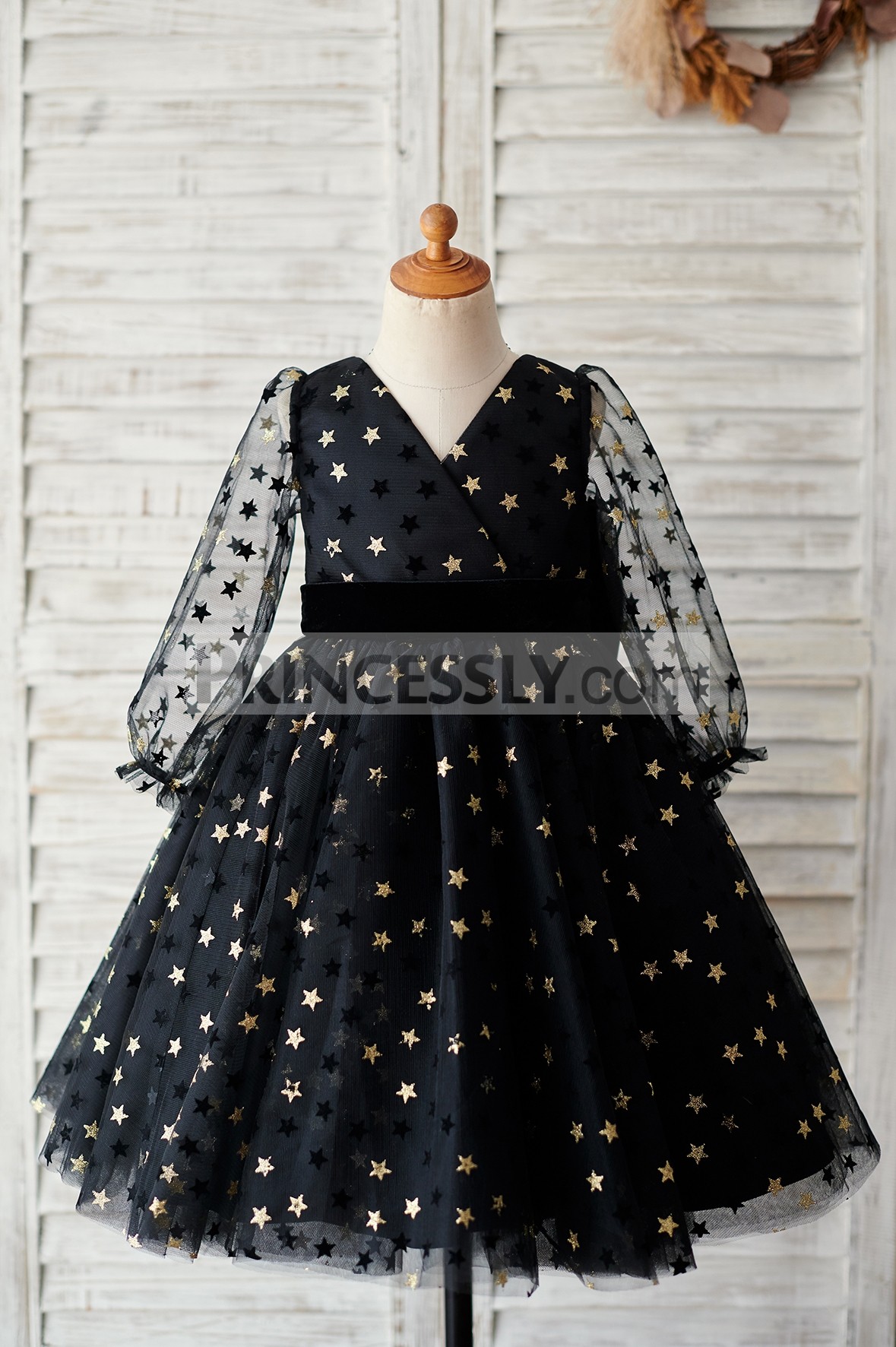 Princessly.com-K1003886-Black Gold Star Tulle V Back Long Sleeves Wedding Flower Girl Dress-31