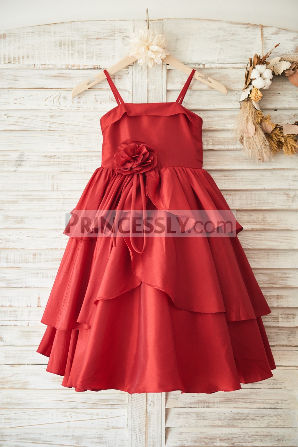 Princessly.com-K1003498-Red Taffeta Cupcake Wedding Flower Girl Dress with Spaghetti Straps/Bow-31