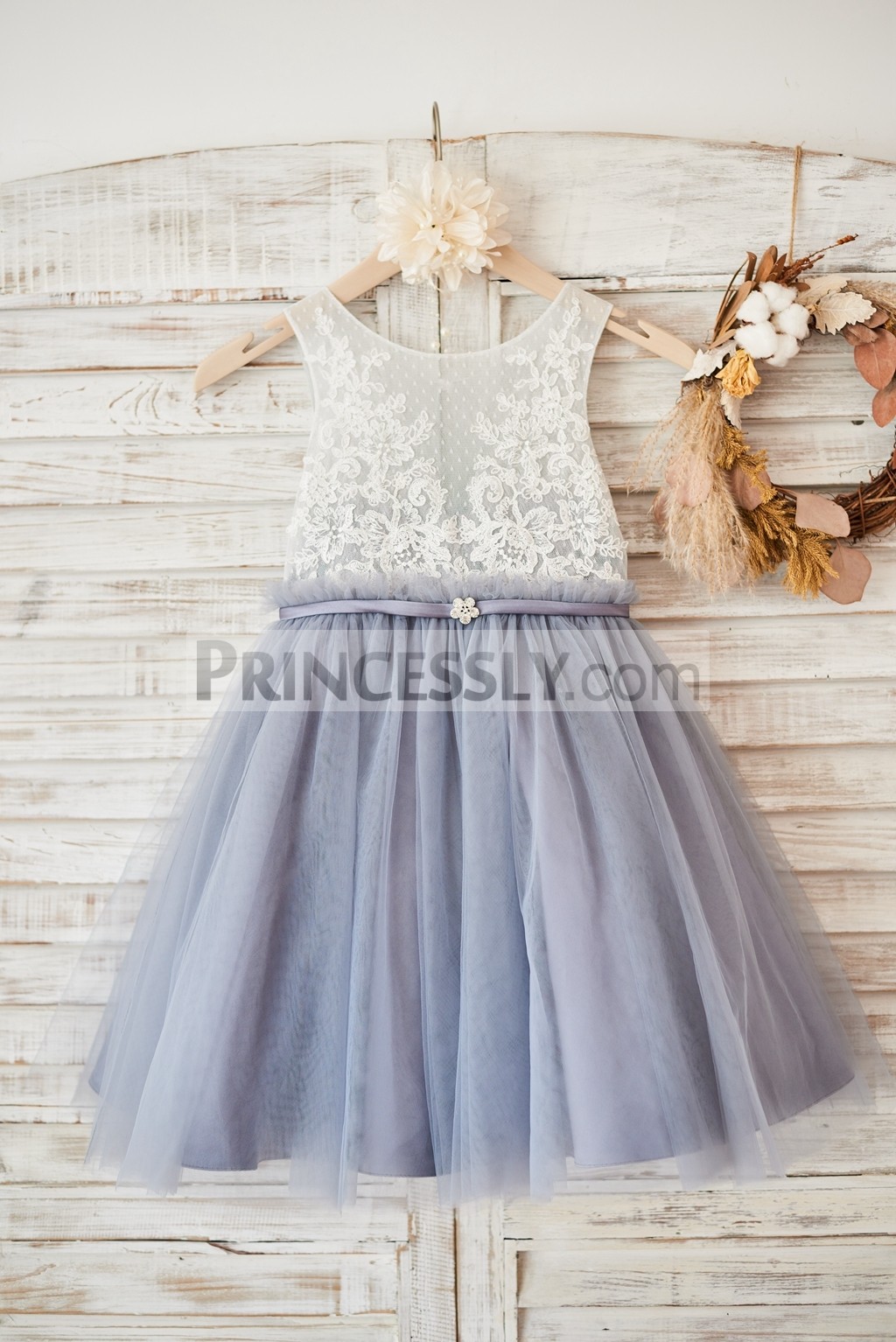 Princessly.com-K1003580-Ivory Lace Gray Tulle Sheer Back Wedding Flower Girl Dress with Belt-31