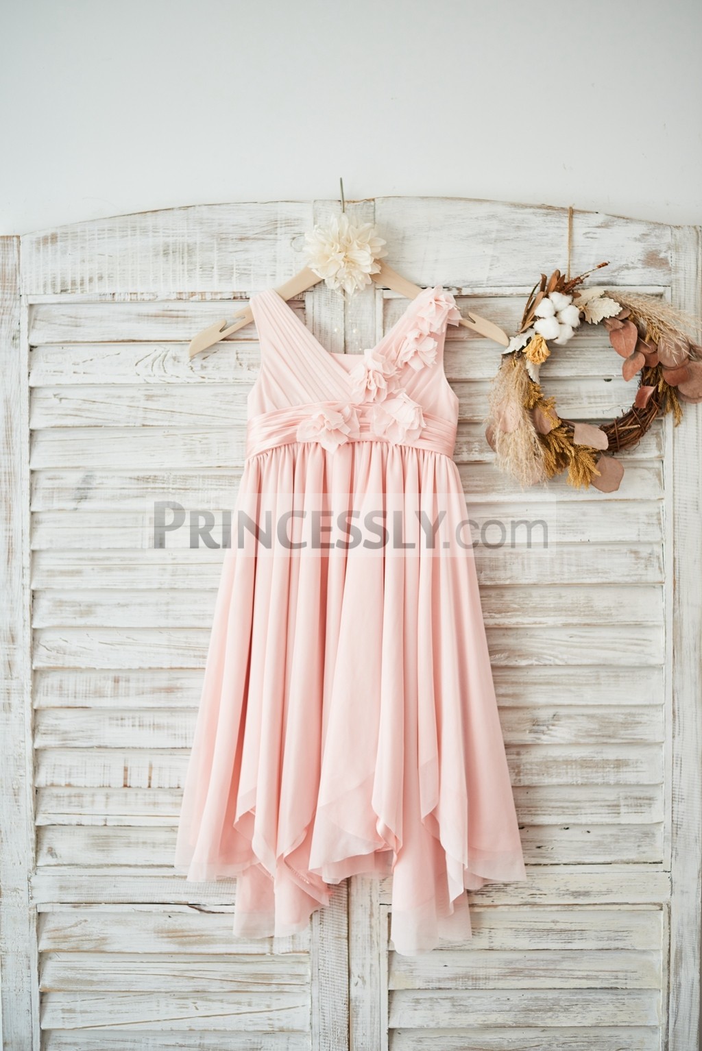 Princessly.com-K1003586-Blush Pink Tulle V Neck Wedding Flower Girl Dress with Flowers-31
