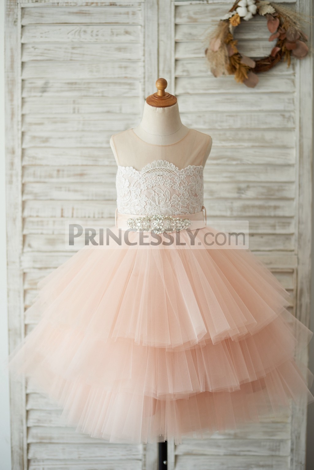 Princessly.com-K1003530-Sheer Neck Peach Pink Tulle Lace Cupcake Skirt Wedding Flower Girl Dress with beaded sash-31