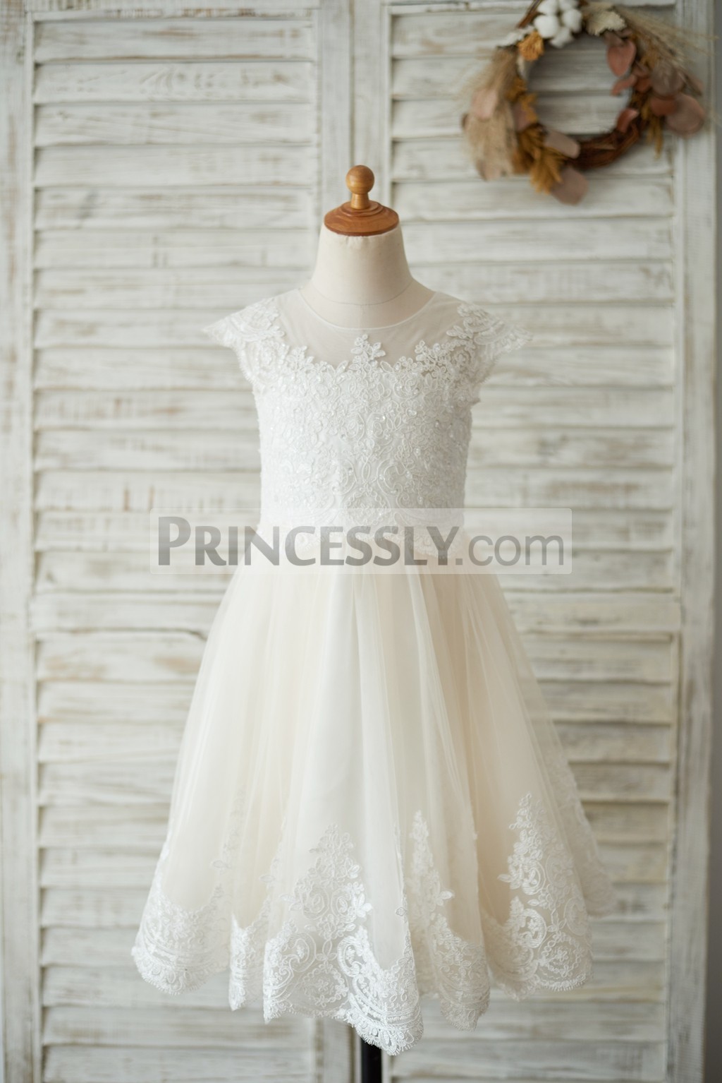 Princessly.com-K1003535-Ivory Lace Champagne tulle Cap Sleeves Wedding Flower Girl Dress with Beading-31