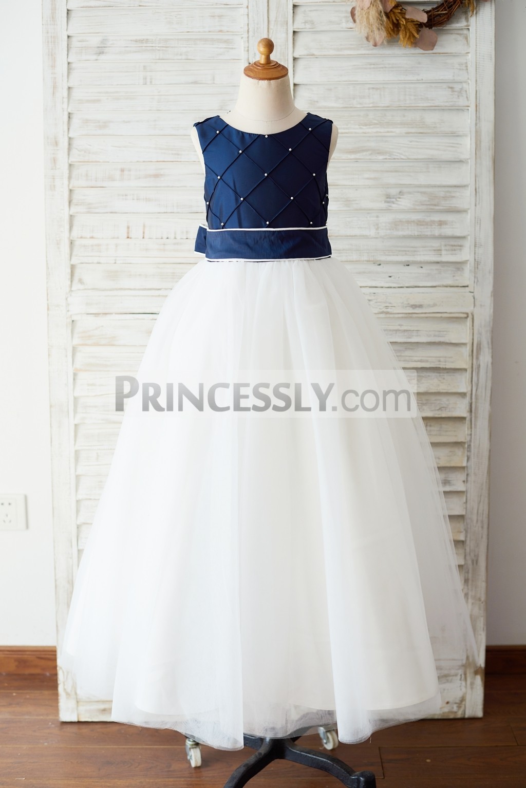 Princessly.com-K1003653-Navy Blue Taffeta Ivory Tulle Wedding Party Flower Girl Dress with Pearls-31