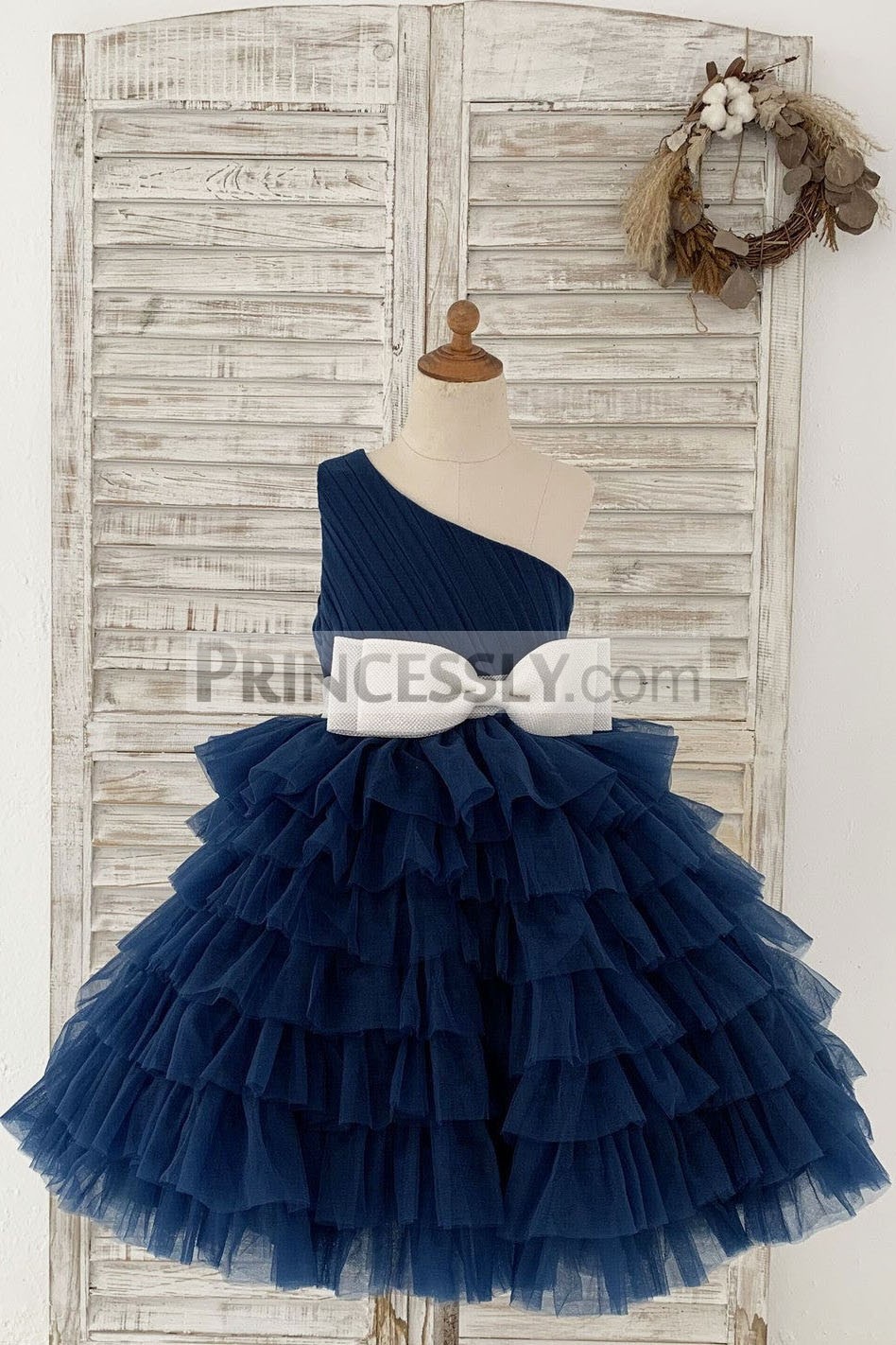 Princessly.com-K1004165-One Shoulder Navy Blue Cupcake Tulle Wedding Flower Girl Dress Kids Party Dress-39