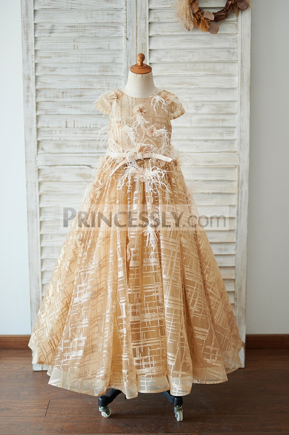 Princessly.com-K1003917-Cap Sleeves V Back Gold Sequin Tulle Wedding Flower Girl Dress-31