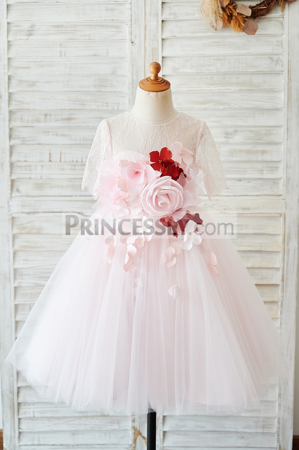 Princessly.com-K1003920-Pink Lace Tulle 3D Flowers Elbow Sleeves Sheer Back Wedding Flower Girl Dress-31