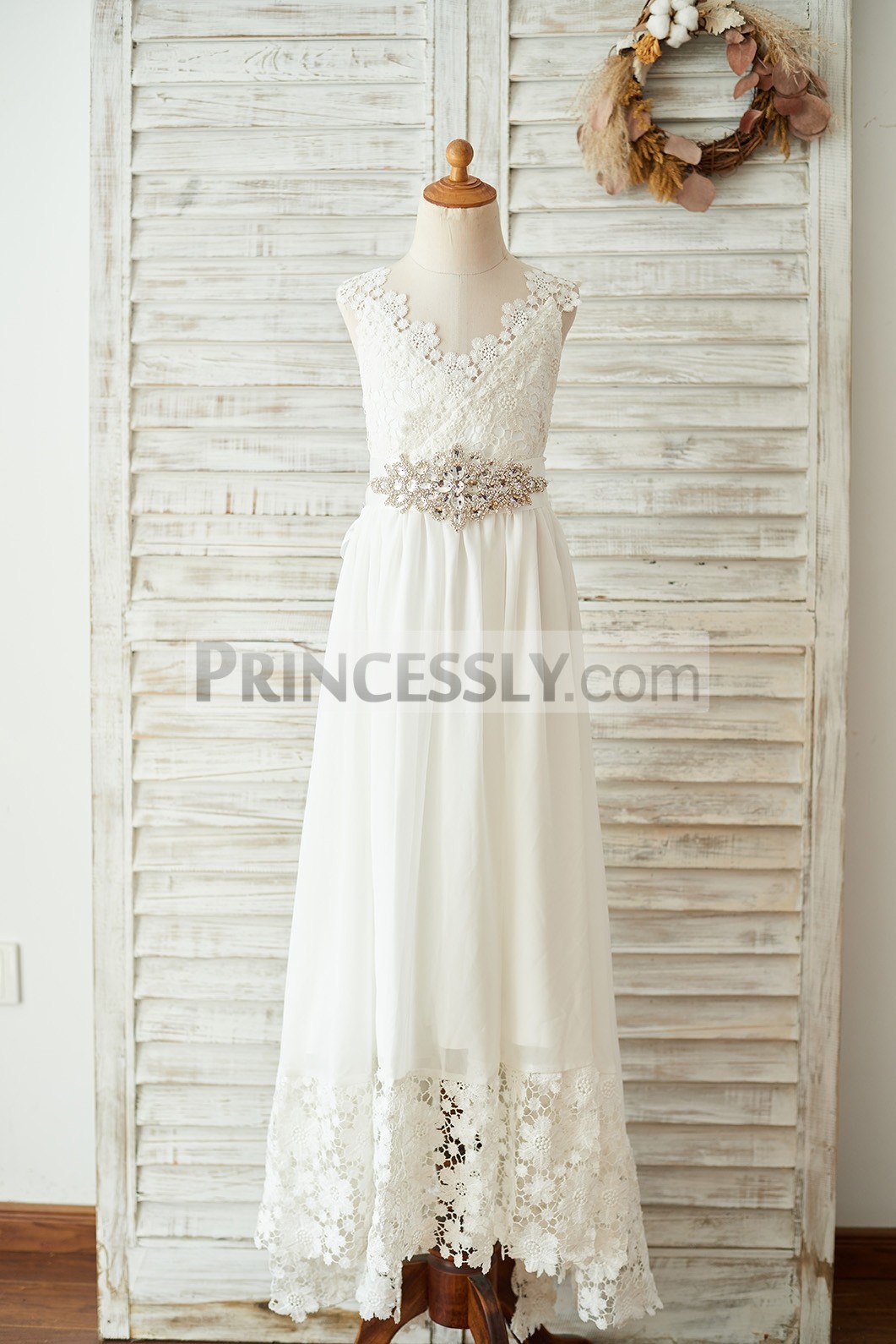 Princessly.com-K1003680-Boho Beach Lace Chiffon Backless Long Wedding Flower Girl Dress with Belt-31
