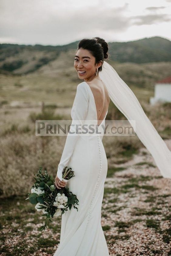 Princessly.com-K1004082-Ivory Satin Long Sleeves V Back Wedding Party Dress-31