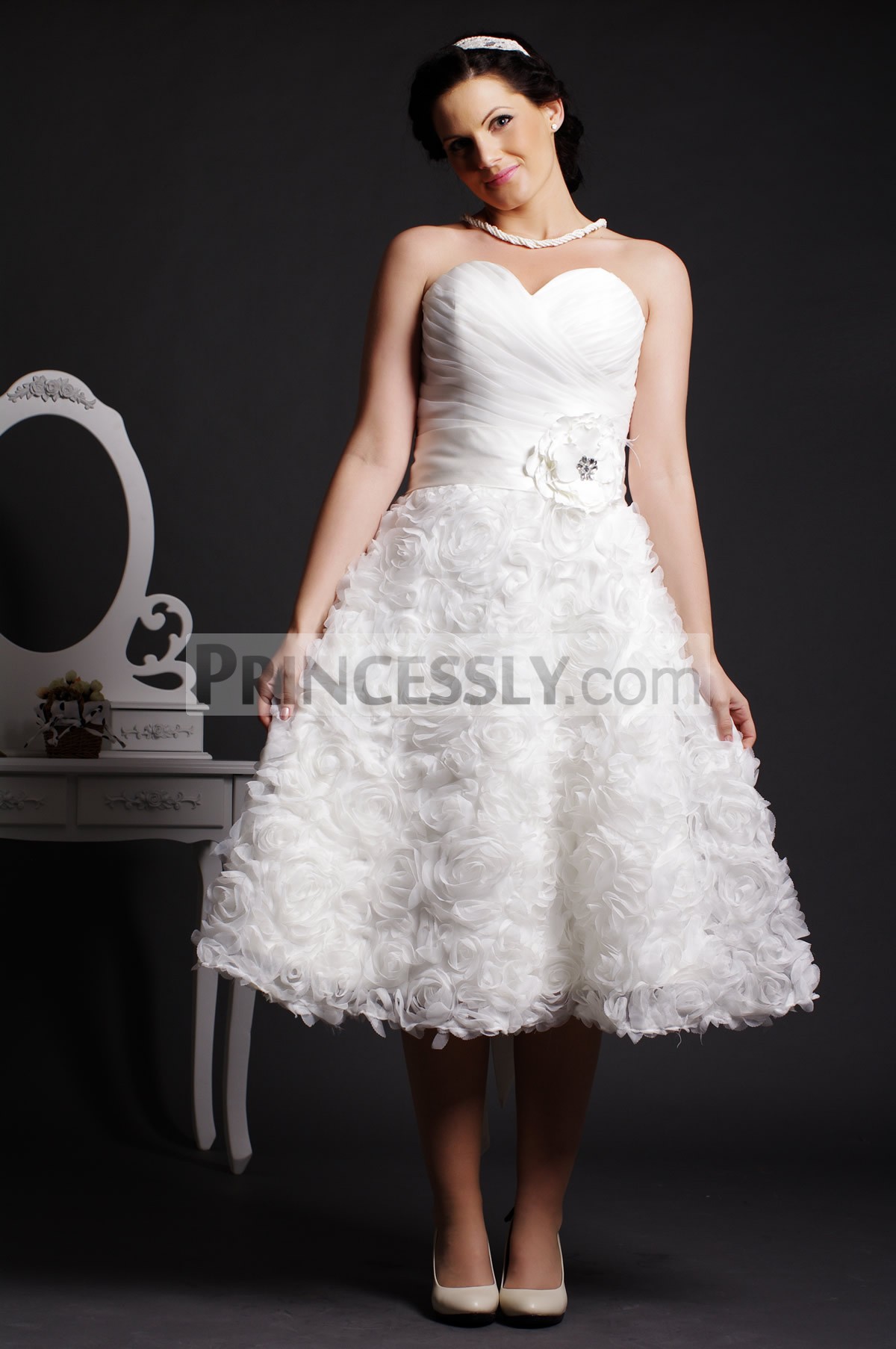 A-line Strapless Sweetheart Gathered Rosettes Belted Organza Wedding Dress w/ Crystals & Flowers