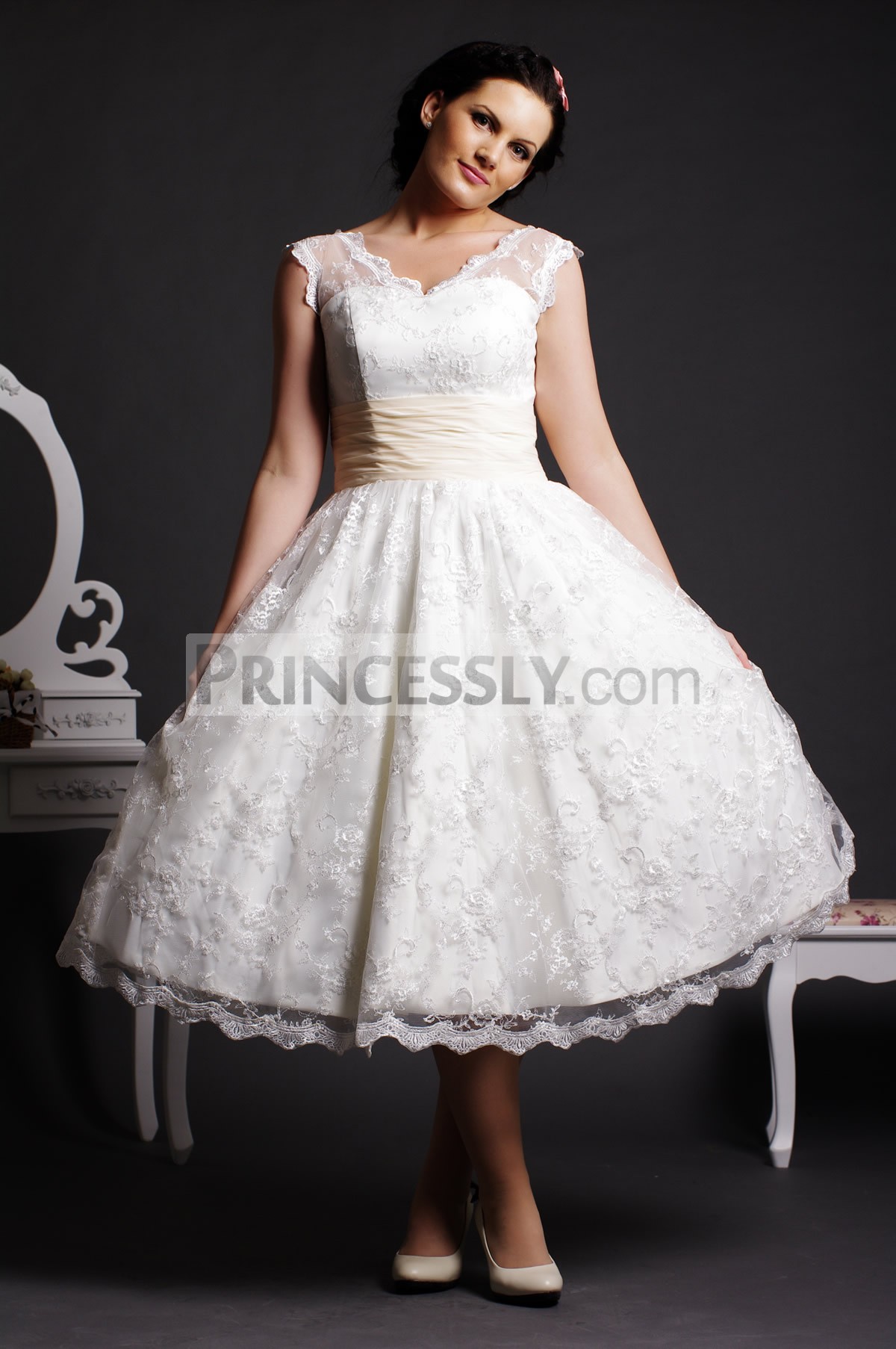 Ball Gown V-neck Sheer Shoulders Ruched Waist Layered Tea Length Lace Wedding Dress