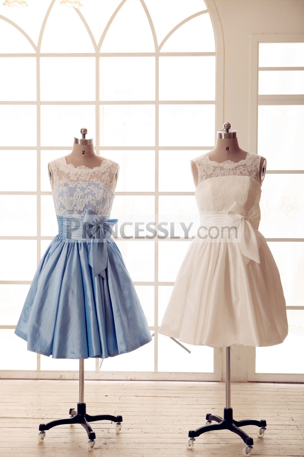 Princessly.com-K1001960-Lace Ivory/Blue Taffeta Bridesmaid Dress In knee Short Length-31