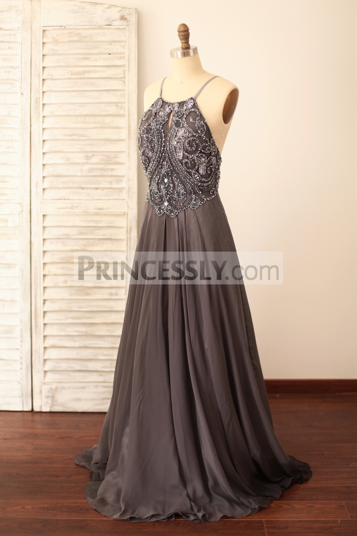 Princessly.com-K1000092-Spaghetti Straps Gray Chiffon Backless Beaded Prom Dress-31