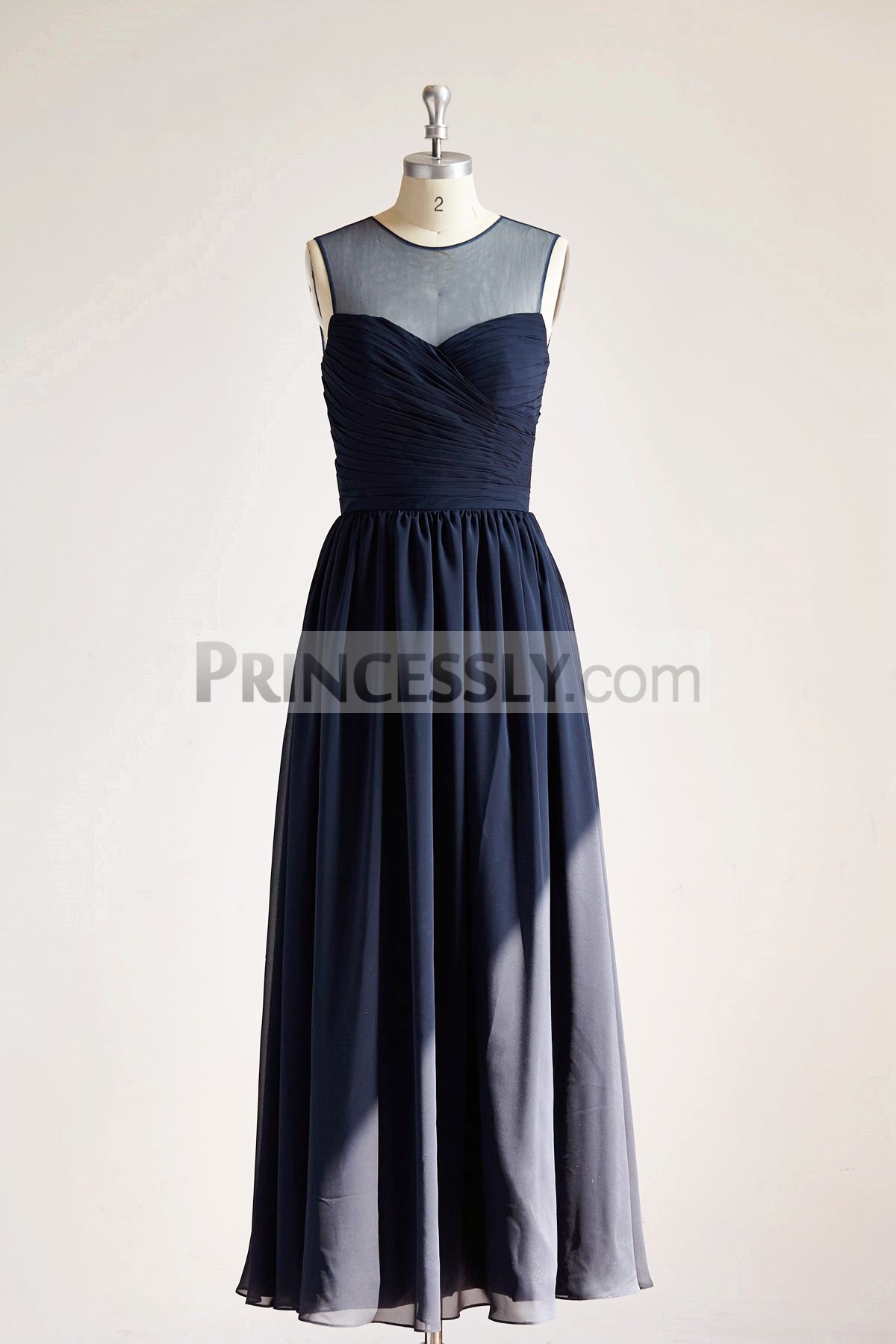 Princessly.com-K1000293-Sheer Illusion Neck Navy Blue Chiffon Tulle Long Wedding Bridesmaid Dress-31