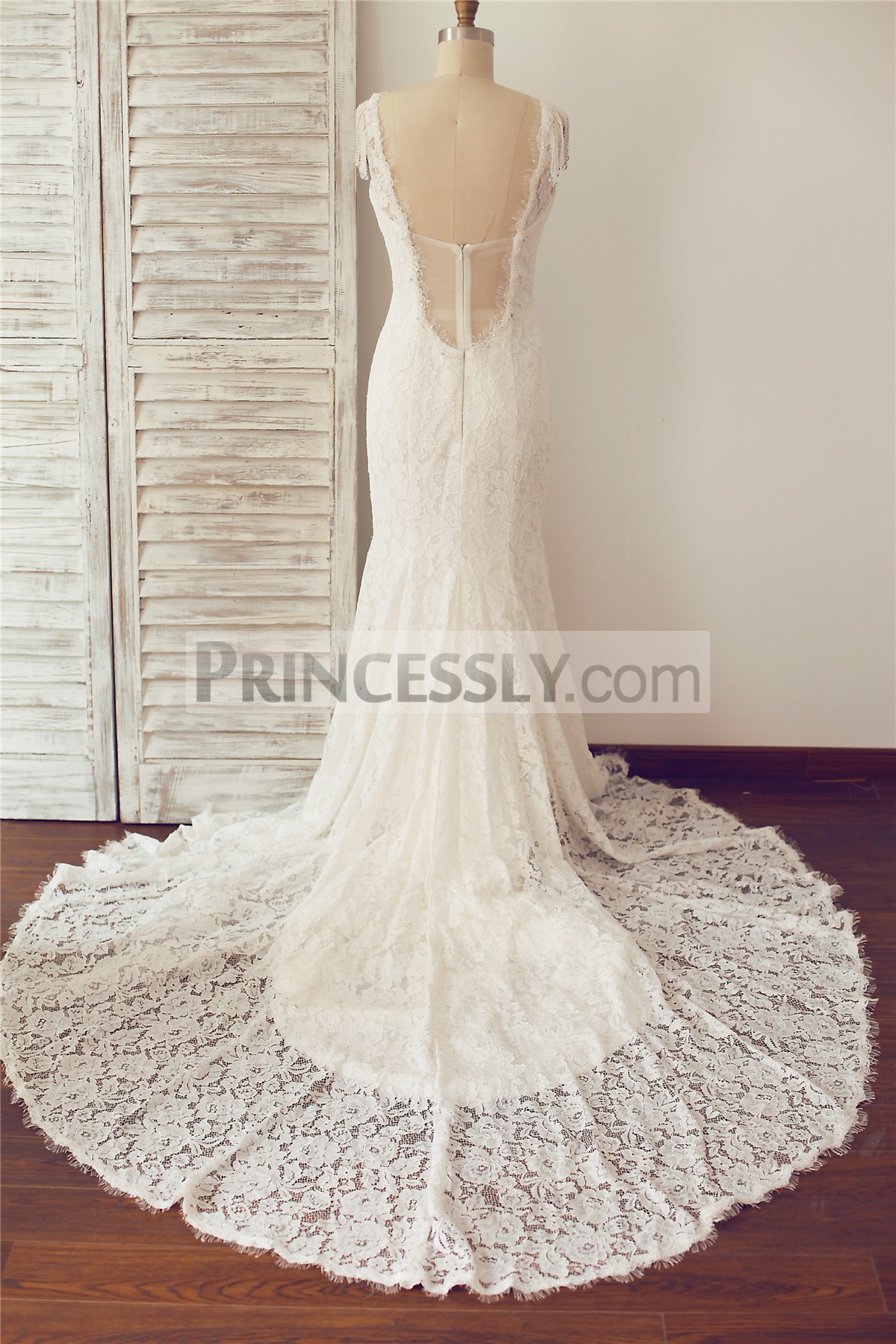 Princessly.com-K1000096-V Neck Backless Mermaid Lace Wedding Dress-32