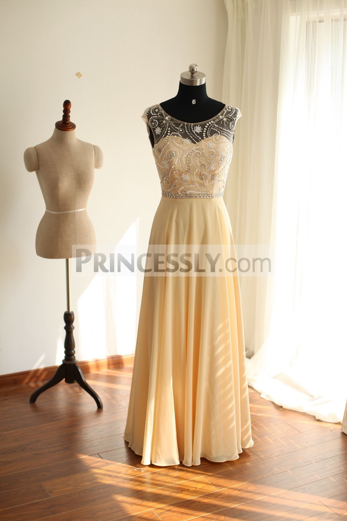 Princessly.com-K1000243-Sheer See Through Backless Champagne Chiffon Long Wedding Bridesmaid Dress-31