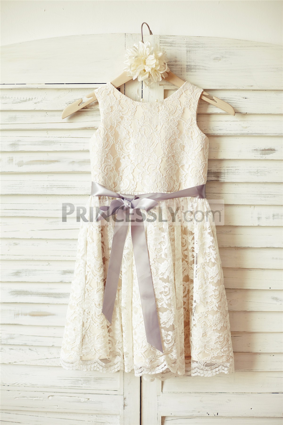Princessly.com-K1000090-Ivory Lace Champagne lining Flower Girl Dress with silver sash-31