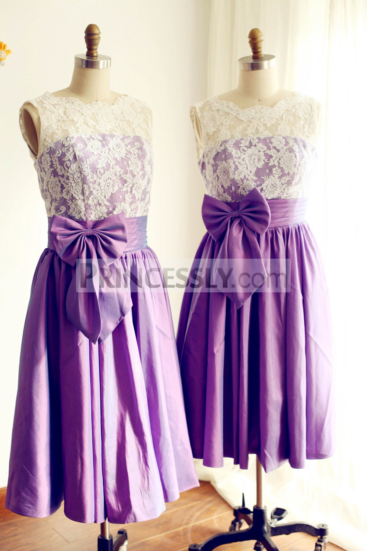 Princessly.com-K1000222-V Back Ivory Lace /Purple Taffeta Tea Length Short Bridesmaid Dress-31