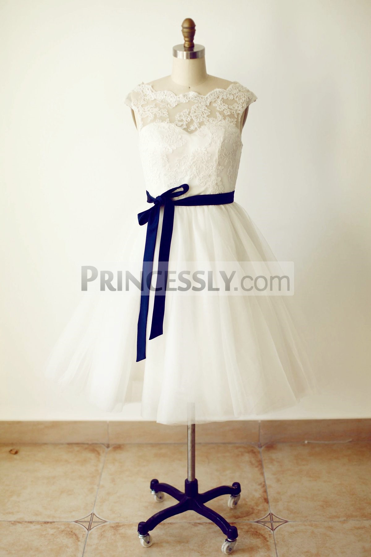 Princessly.com-K1000229-Lace Tulle Short Bridesmaid Dress with navy blue sash-31
