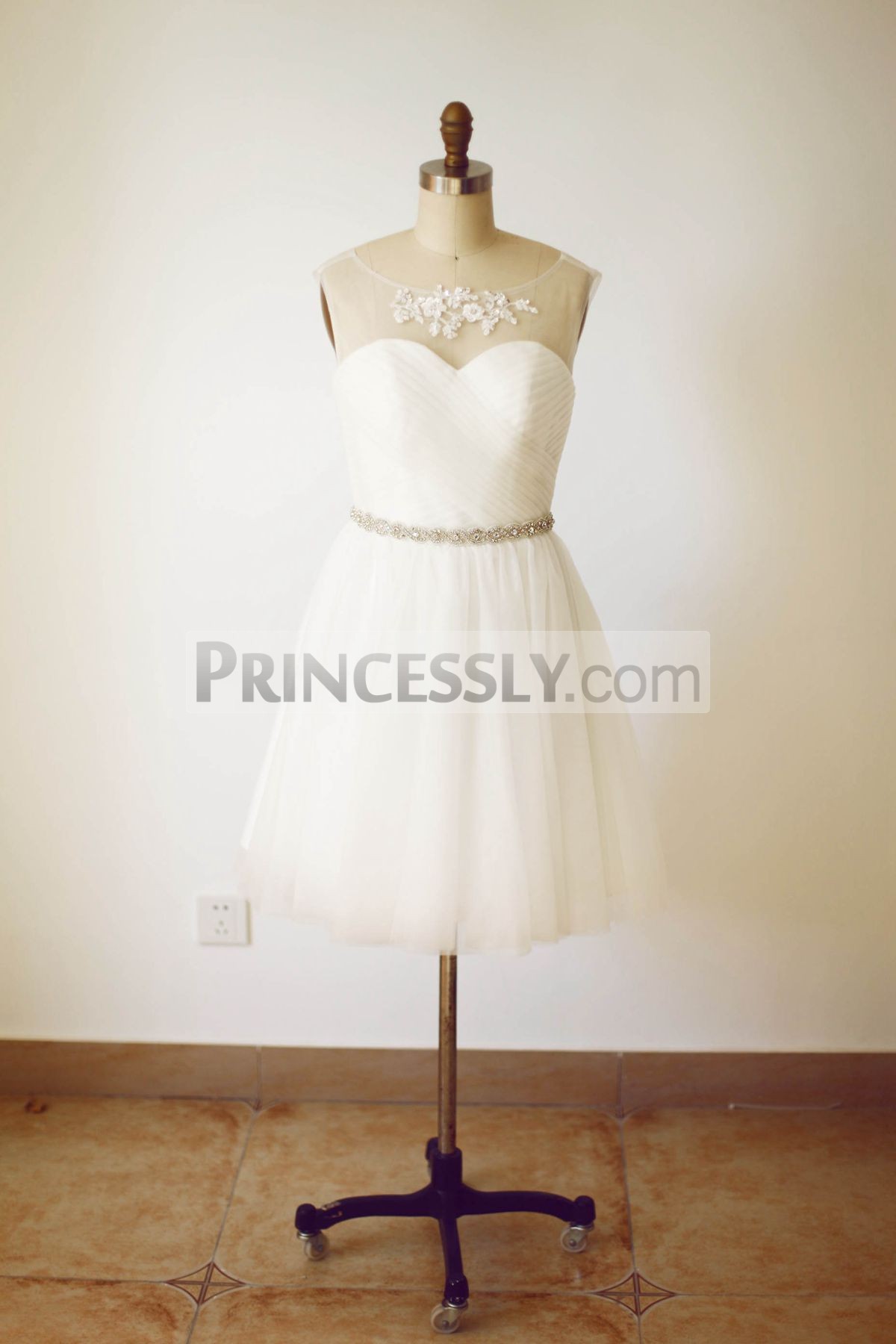 Princessly.com-K1000234-Sheer Neck Ivory Tulle V Back Short Bridesmaid Dress with beaded sash-31