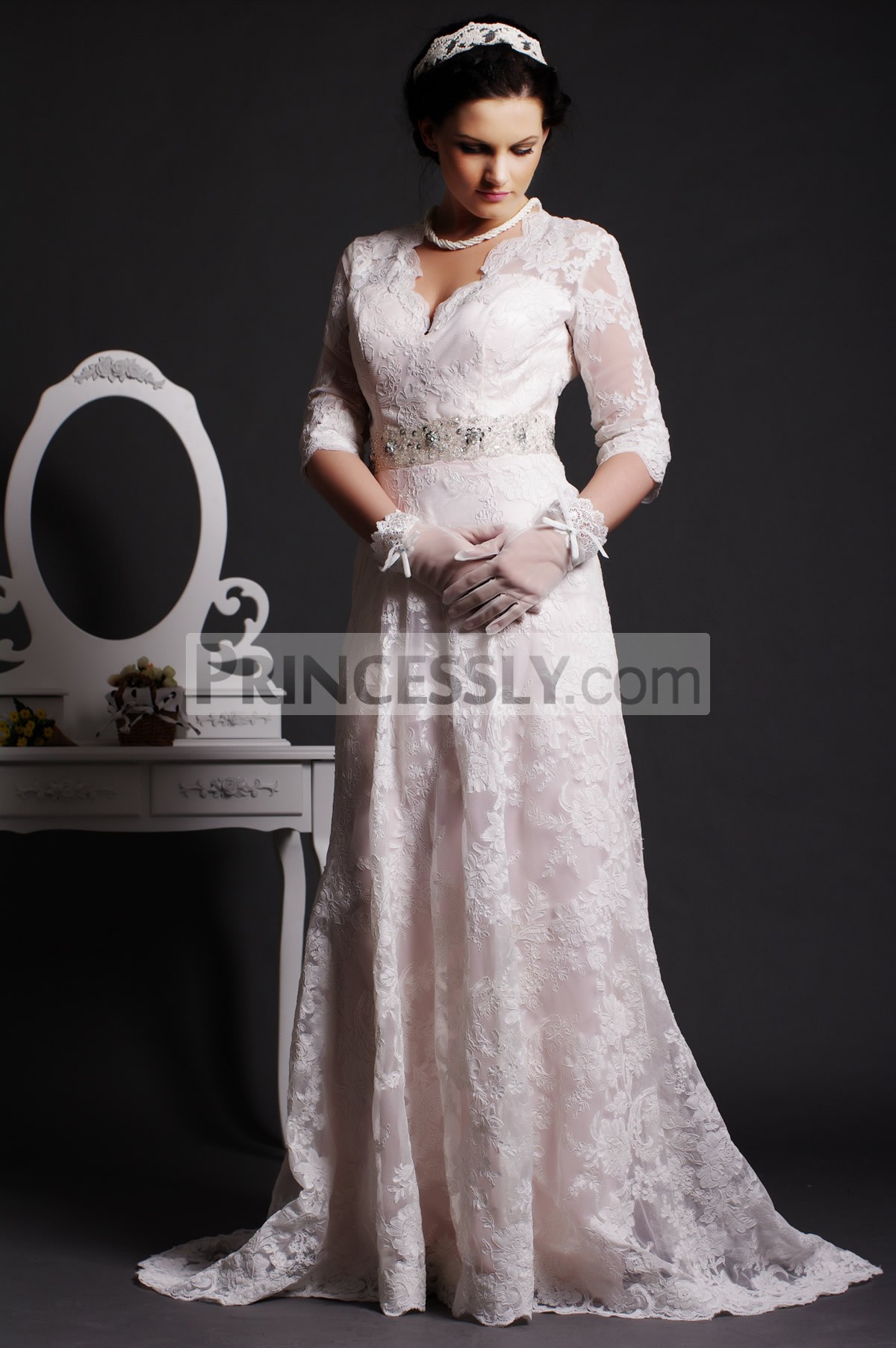 Timeless A-line Scalloped V-neck Key-hole Back Beaded Sweep Lace Wedding Dress