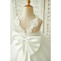 Ivory Lace Tulle Straps Wedding Flower Girl Dress with Big Bow