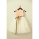 Blush Pink/Gold Sequin Ivory Tulle Flower Girl Dress with navy/champagne sash