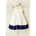 Deep V Back Ivory Lace Flower Girl Dress with navy blue bow
