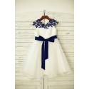 Navy Blue Lace Ivory Satin Organza Flower Girl Dress with navy sash