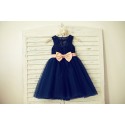 Navy Blue Lace Tulle Flower Girl Dress Keyhole Back with Blush Pink Bow Belt