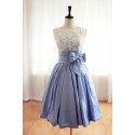 Lace Blue Taffeta Wedding Dress/Bridesmaid Dress in Knee Short Length
