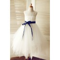 Keyhole Ivory Lace Tulle Wedding Flower Girl Dress/Navy Blue Sash