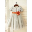 Short Sleeves Silver Sequin Gray Tulle Wedding Flower Girl Dress