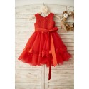  Red Lace Organza Wedding Flower Girl Dress with Belt