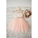 Sheer Neck Peach Pink Tulle Ivory Lace Wedding Flower Girl Dress with beaded sash