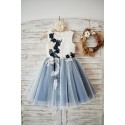 Ivory lace Silver Gray Tulle Wedding Flower Girl Dress with Navy Blue appliques\beads